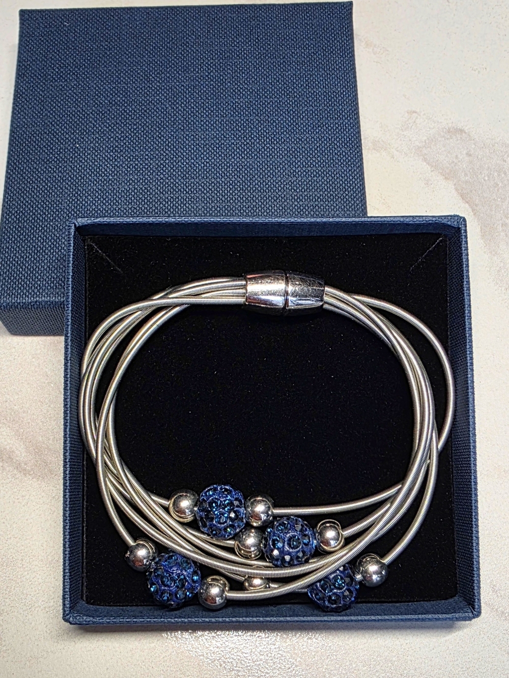 Silver Multi-Strand Bracelet with Blue Crystal Beads